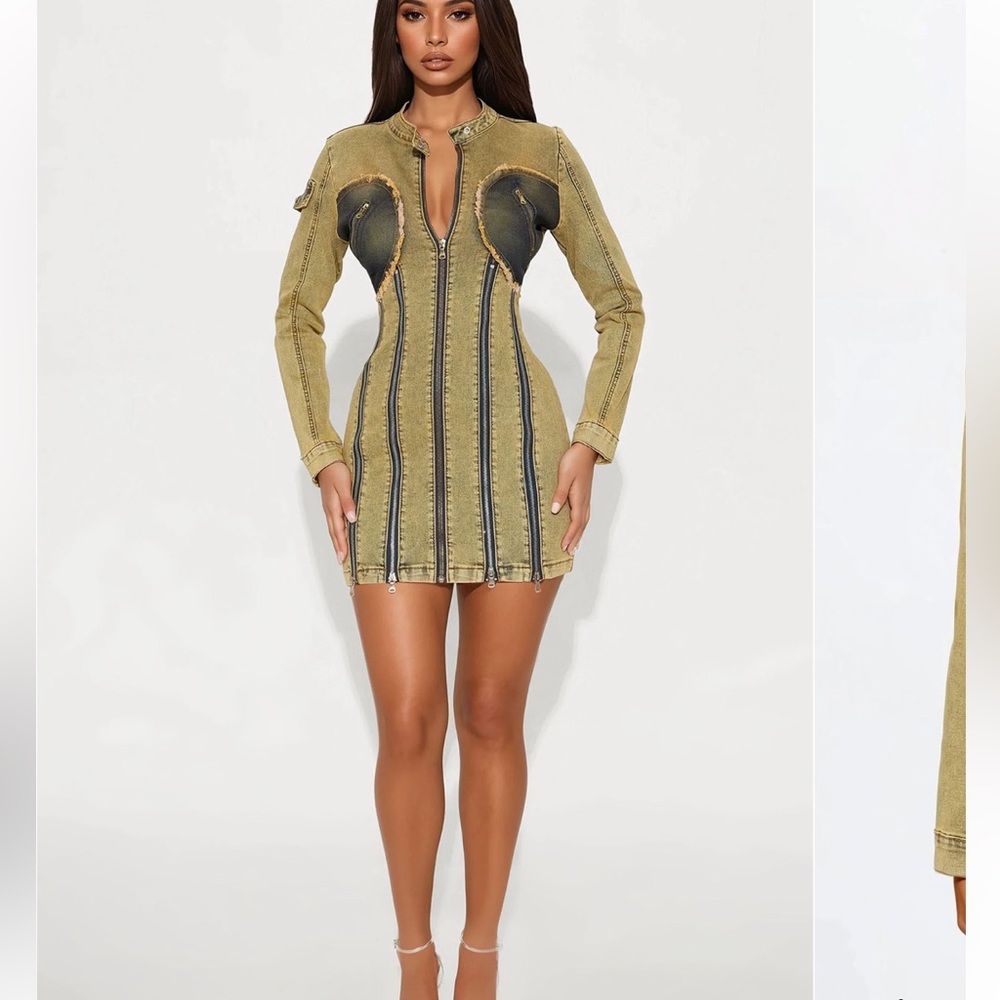Fashion Nova Olive-Wash Zip-Front Mini Dress